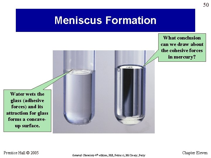 50 Meniscus Formation What conclusion can we draw about the cohesive forces in mercury? 50 Meniscus Formation What conclusion can we draw about the cohesive forces in mercury?