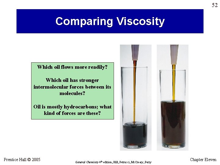52 Comparing Viscosity Which oil flows more readily? Which oil has stronger intermolecular forces 52 Comparing Viscosity Which oil flows more readily? Which oil has stronger intermolecular forces