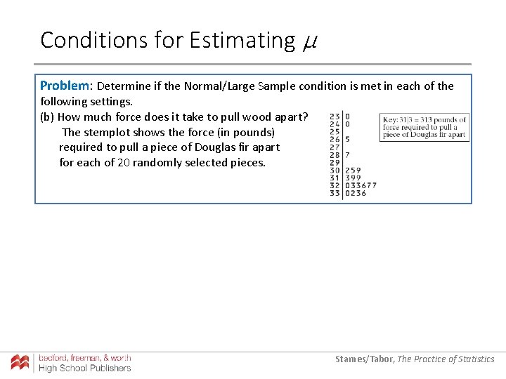 Conditions for Estimating µ Problem: Determine if the Normal/Large Sample condition is met in