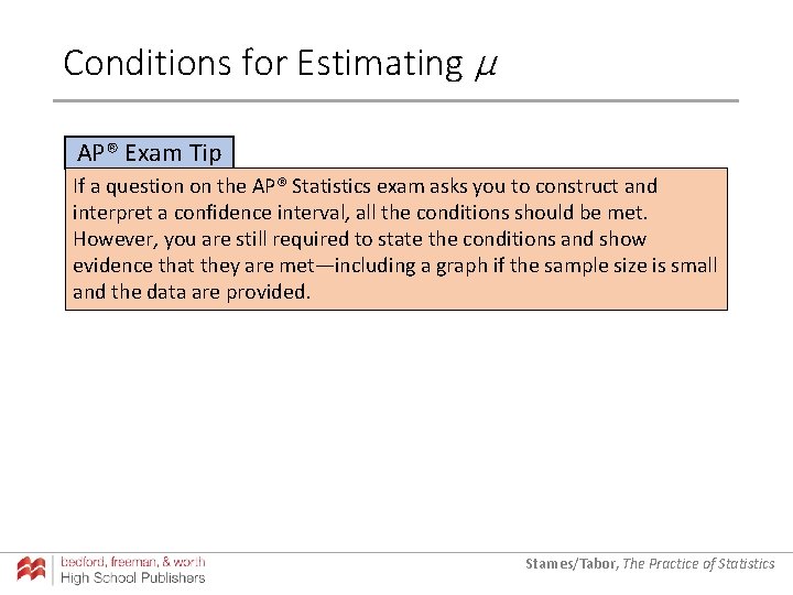 Conditions for Estimating µ AP® Exam Tip If a question on the AP® Statistics