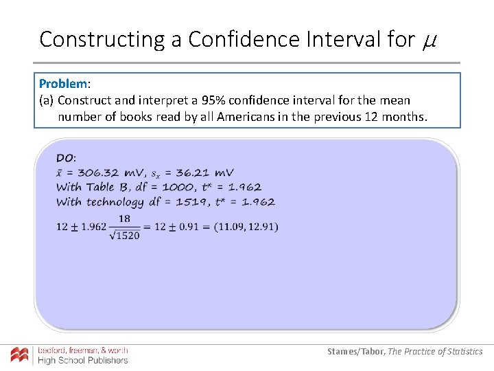 Constructing a Confidence Interval for µ Problem: (a) Construct and interpret a 95% confidence