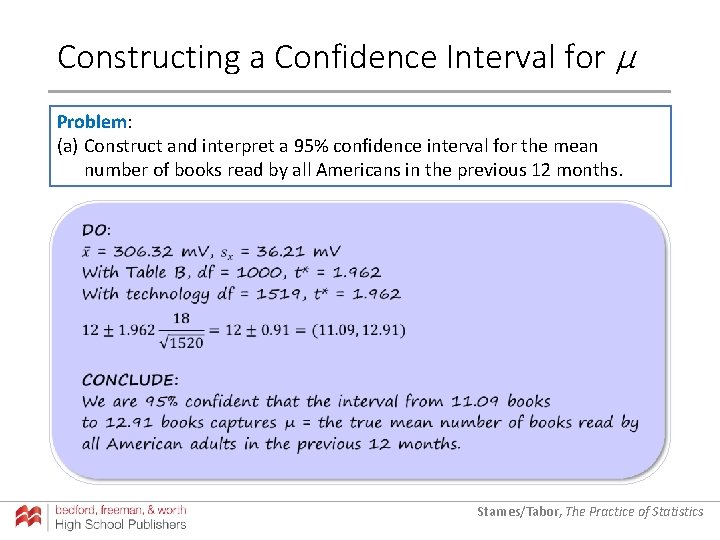 Constructing a Confidence Interval for µ Problem: (a) Construct and interpret a 95% confidence