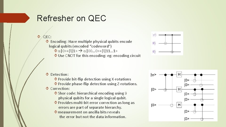 Refresher on QEC: Encoding: Have multiple physical qubits encode logical qubits (encoded “codeword”) |0>+ Refresher on QEC: Encoding: Have multiple physical qubits encode logical qubits (encoded “codeword”) |0>+