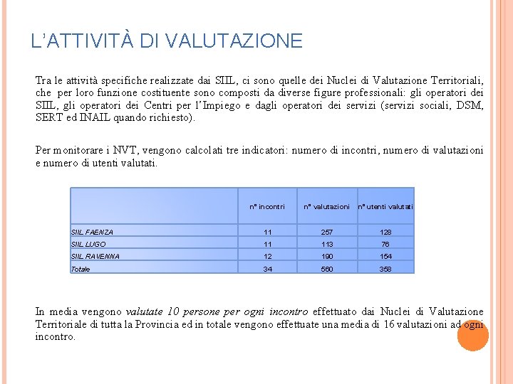 L’ATTIVITÀ DI VALUTAZIONE Tra le attività specifiche realizzate dai SIIL, ci sono quelle dei