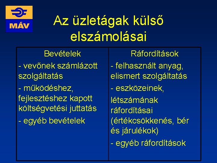 Az üzletágak külső elszámolásai Bevételek - vevőnek számlázott szolgáltatás - működéshez, fejlesztéshez kapott költségvetési