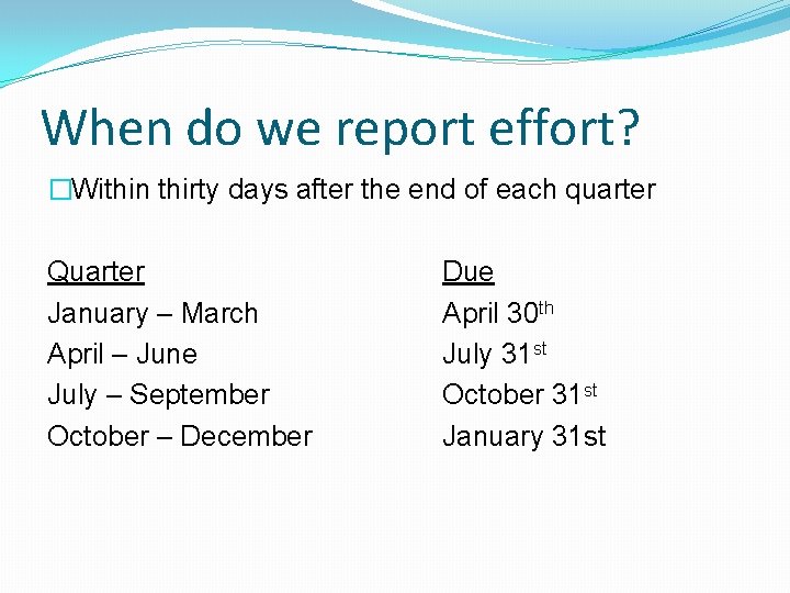 When do we report effort? �Within thirty days after the end of each quarter
