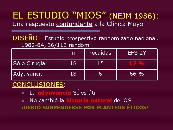 EL ESTUDIO “MIOS” (NEJM 1986): Una respuesta contundente a la Clínica Mayo DISEÑO: Estudio