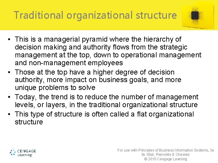 Traditional organizational structure • This is a managerial pyramid where the hierarchy of decision