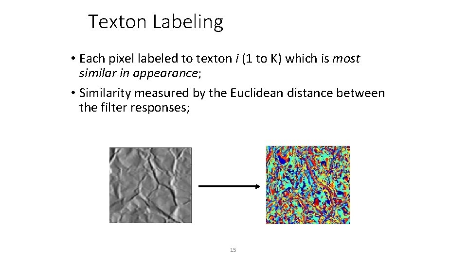 Texton Labeling • Each pixel labeled to texton i (1 to K) which is