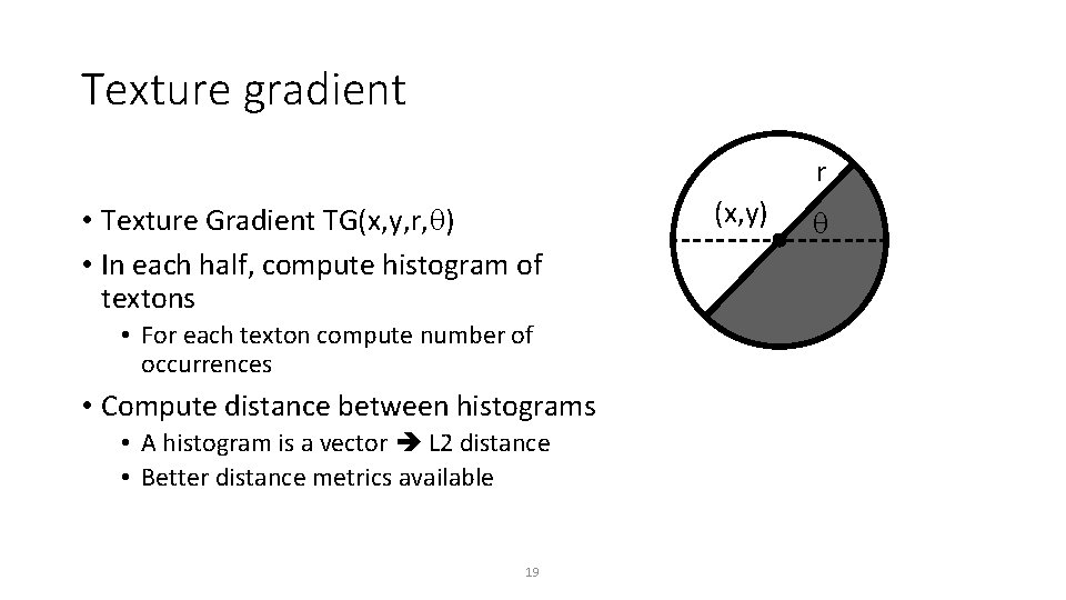 Texture gradient r • Texture Gradient TG(x, y, r, ) • In each half,