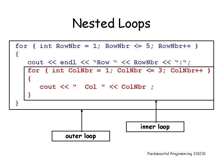Nested Loops for ( int Row. Nbr = 1; Row. Nbr <= 5; Row.