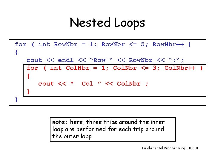 Nested Loops for ( int Row. Nbr = 1; Row. Nbr <= 5; Row.
