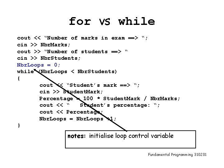 for vs while cout << “Number of marks in exam ==> “; cin >>