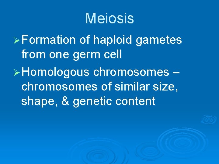 Meiosis Ø Formation of haploid gametes from one germ cell Ø Homologous chromosomes –