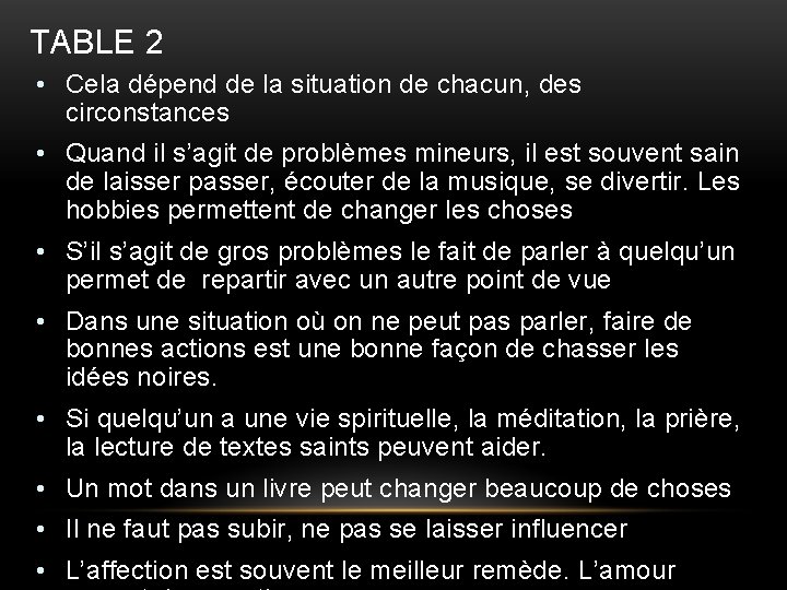 TABLE 2 • Cela dépend de la situation de chacun, des circonstances • Quand