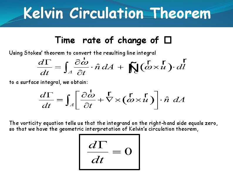 Kelvin Circulation Theorem Time rate of change of � Using Stokes’ theorem to convert