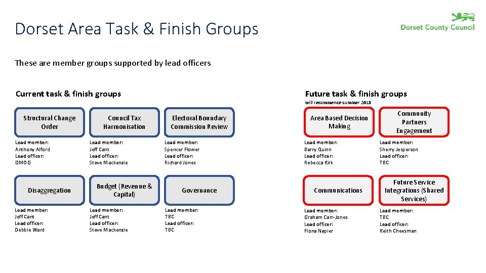 Dorset Area Task & Finish Groups These are member groups supported by lead officers