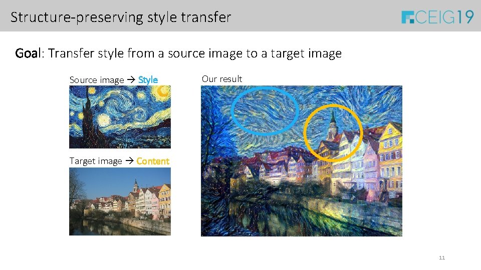 Structure-preserving style transfer Goal: Transfer style from a source image to a target image