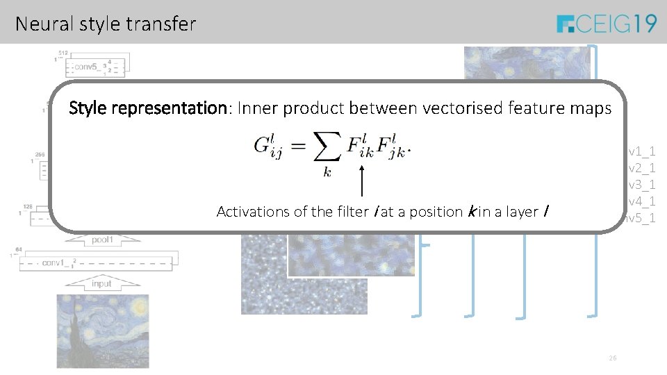 Neural style transfer Style representation: Inner product between vectorised feature maps Activations of the