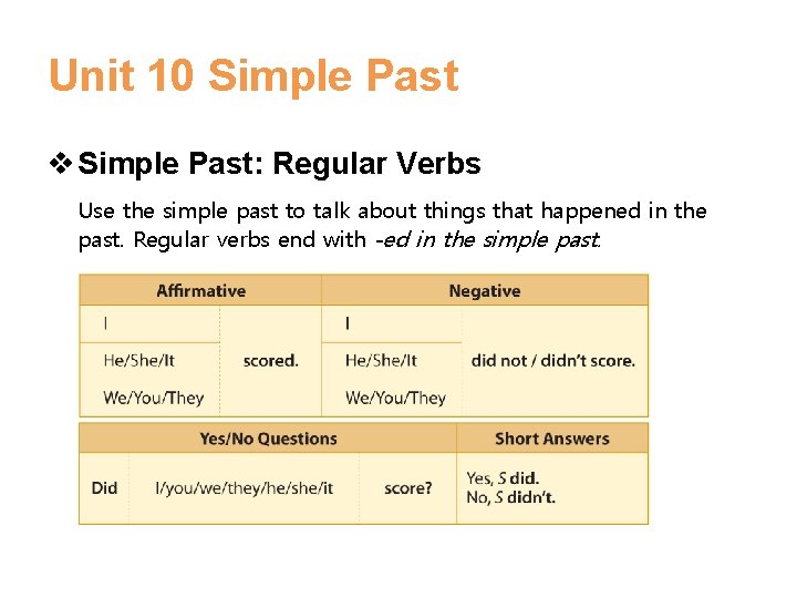 Unit 10 Simple Past v Simple Past: Regular Verbs Use the simple past to Unit 10 Simple Past v Simple Past: Regular Verbs Use the simple past to