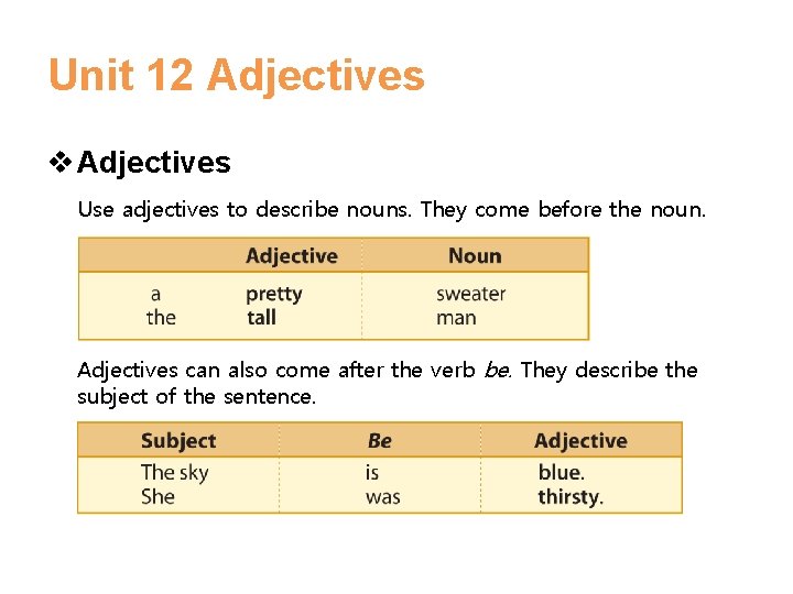 Unit 12 Adjectives v Adjectives Use adjectives to describe nouns. They come before the Unit 12 Adjectives v Adjectives Use adjectives to describe nouns. They come before the