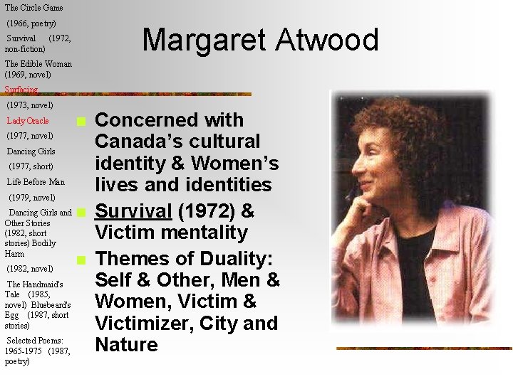 The Circle Game (1966, poetry) Margaret Atwood Survival (1972, non-fiction) The Edible Woman (1969,