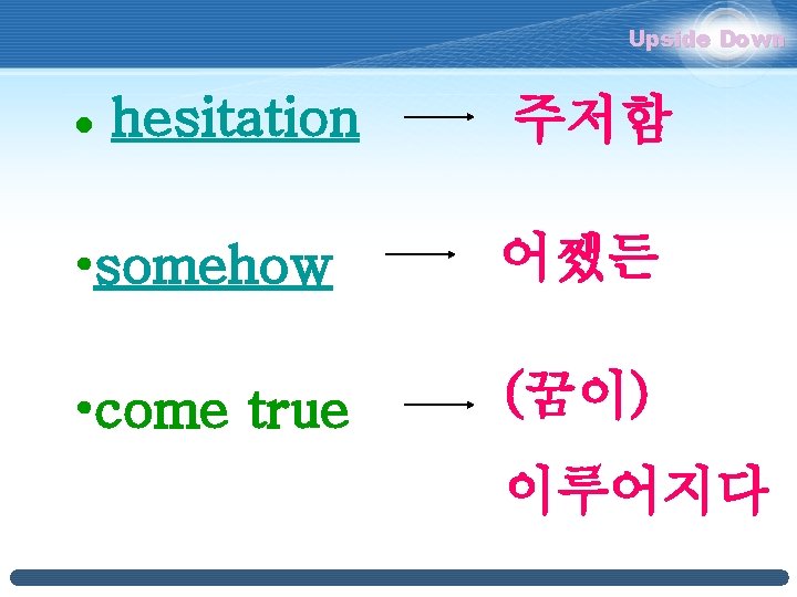 Upside Down l hesitation 주저함 • somehow 어쨌든 • come true (꿈이) 이루어지다 Upside Down l hesitation 주저함 • somehow 어쨌든 • come true (꿈이) 이루어지다