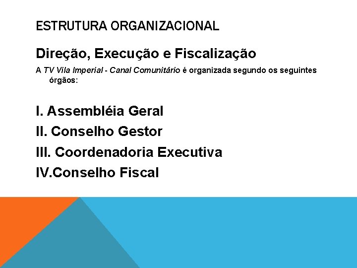 ESTRUTURA ORGANIZACIONAL Direção, Execução e Fiscalização A TV Vila Imperial - Canal Comunitário é