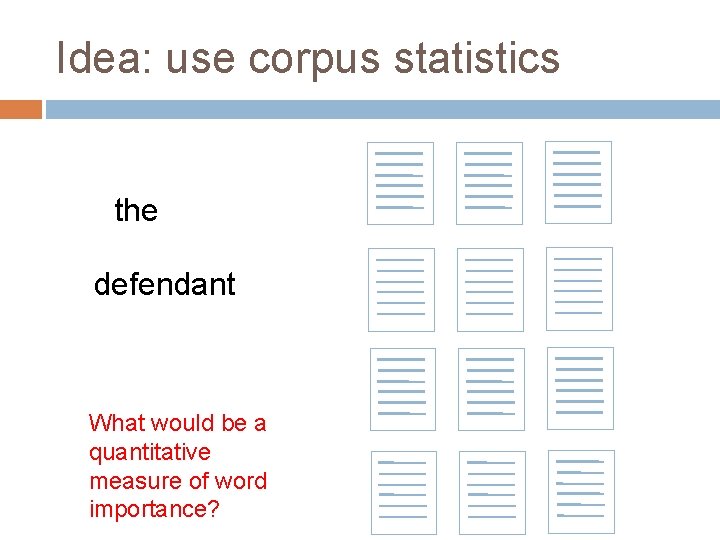 Idea: use corpus statistics the defendant What would be a quantitative measure of word