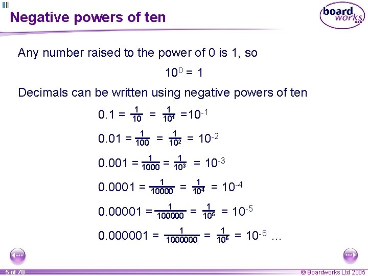 Negative powers of ten Any number raised to the power of 0 is 1,
