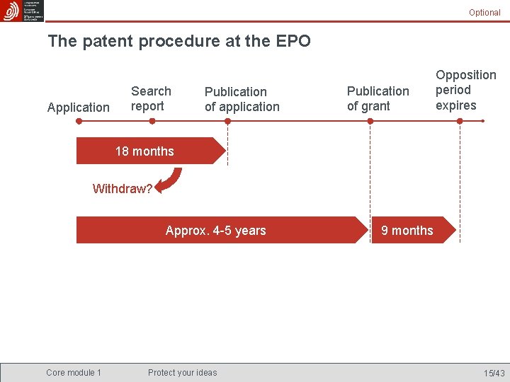 Optional The patent procedure at the EPO Application Search report Publication of application Publication