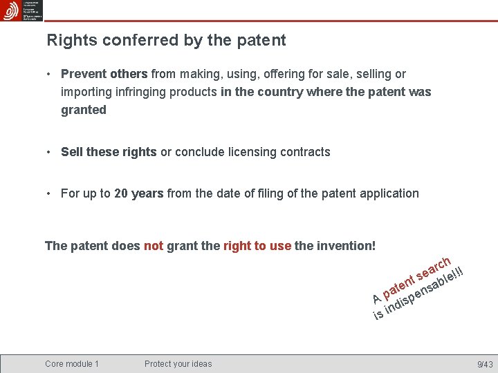 Rights conferred by the patent • Prevent others from making, using, offering for sale,