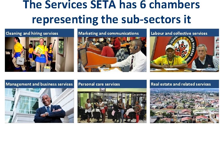 The Services SETA has 6 chambers representing the sub-sectors it supports Cleaning and hiring