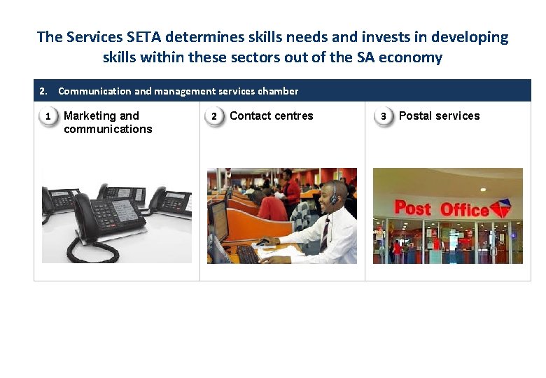 The Services SETA determines skills needs and invests in developing skills within these sectors