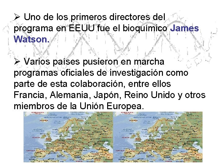 Ø Uno de los primeros directores del programa en EEUU fue el bioquímico James Ø Uno de los primeros directores del programa en EEUU fue el bioquímico James
