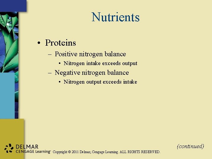 Nutrients • Proteins – Positive nitrogen balance • Nitrogen intake exceeds output – Negative