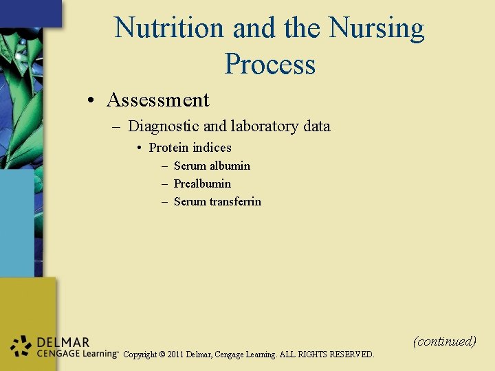 Nutrition and the Nursing Process • Assessment – Diagnostic and laboratory data • Protein