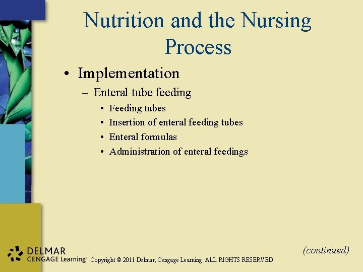 Nutrition and the Nursing Process • Implementation – Enteral tube feeding • • Feeding