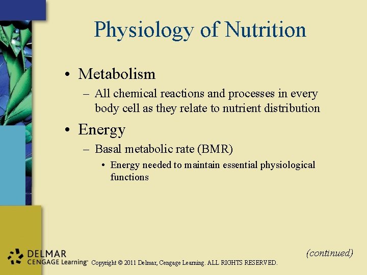 Physiology of Nutrition • Metabolism – All chemical reactions and processes in every body