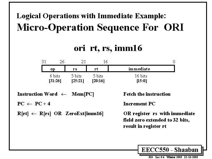 Logical Operations with Immediate Example: Micro-Operation Sequence For ORI ori rt, rs, imm 16