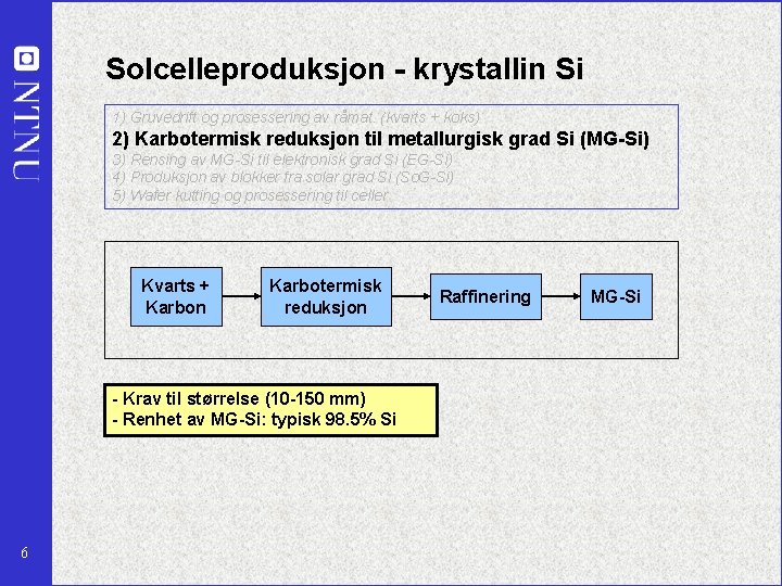 Solcelleproduksjon - krystallin Si 1) Gruvedrift og prosessering av råmat. (kvarts + koks) 2)