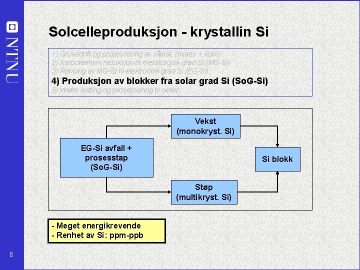 Solcelleproduksjon - krystallin Si 1) Gruvedrift og prosessering av råmat. (kvarts + koks) 2)