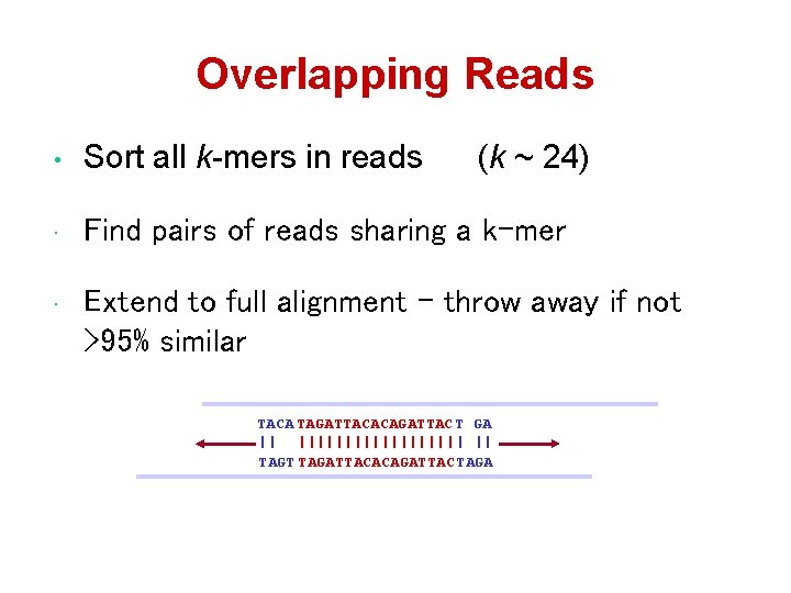 Overlapping Reads • Sort all k-mers in reads (k ~ 24) • Find pairs