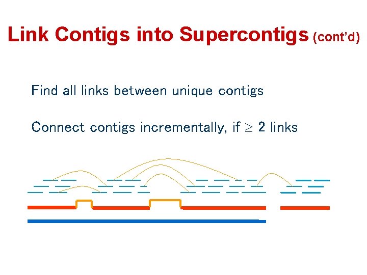 Link Contigs into Supercontigs (cont’d) Find all links between unique contigs Connect contigs incrementally,