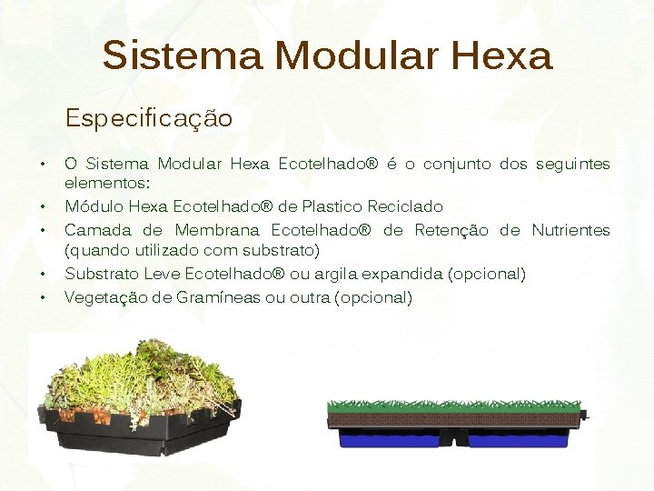 Sistema Modular Hexa Especificação • • • O Sistema Modular Hexa Ecotelhado® é o