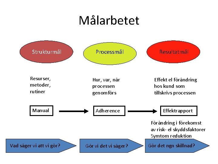 Målarbetet Strukturmål Processmål Resurser, metoder, rutiner Hur, var, när processen genomförs Manual Adherence Resultatmål