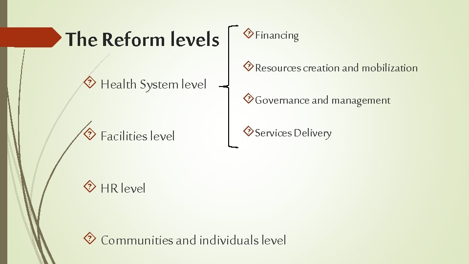 The Reform levels Health System level Facilities level Financing Resources creation and mobilization Governance