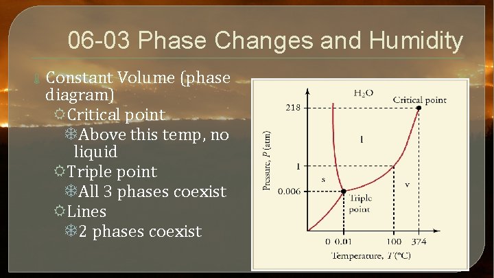 06 -03 Phase Changes and Humidity Constant Volume (phase diagram) RCritical point TAbove this