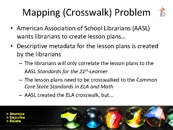Mapping (Crosswalk) Problem • American Association of School Librarians (AASL) wants librarians to create