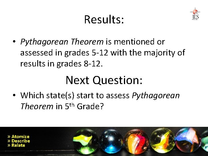 Results: • Pythagorean Theorem is mentioned or assessed in grades 5 -12 with the